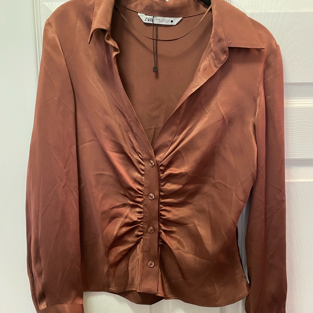Zara Rouched Satin Long Sleeve Fitted Blouse Size Small